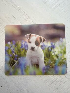 Cute Puppy Mouse Pad with Floral Scene - White & Brown Puppy
